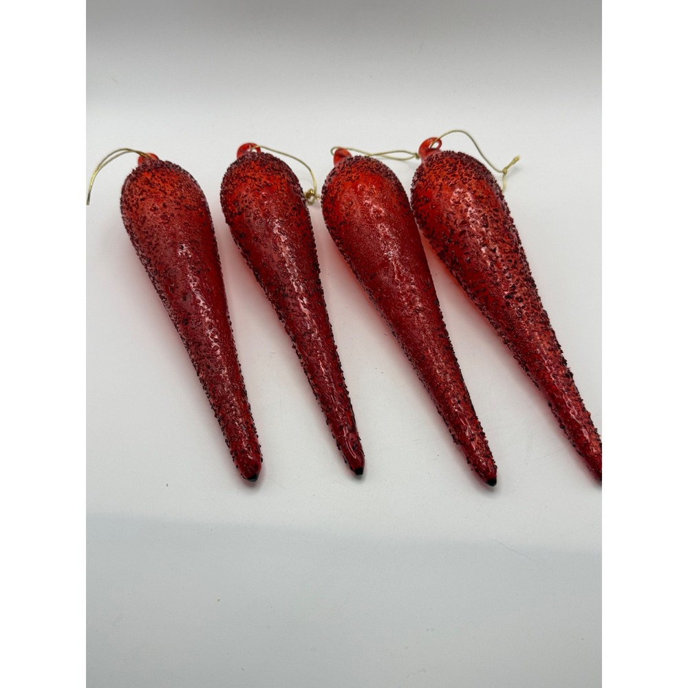 Ruby Red Snow Crusted Glass Icicle Christmas Ornament 8" Roger's Garden Set of 4